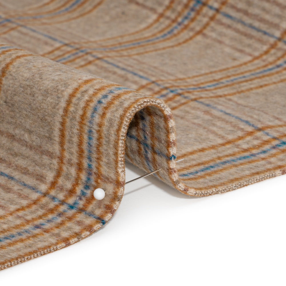 Beige, Orange and Blue Plaid Brushed Wool Blend Double Cloth Coating Detail Beige, Orange and Blue Plaid Brushed Wool Blend Double Cloth Coating Detail