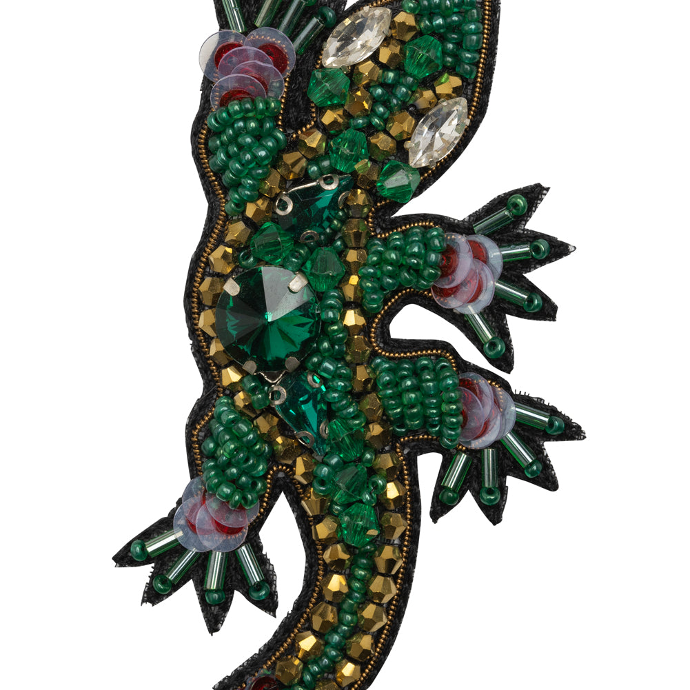 Rhinestones, Sequins and Glass Beaded Applique, 3.5" x 2.75" - Green and Gold Lizard - Alice Collection - Detail Rhinestones, Sequins and Glass Beaded Applique, 3.5" x 2.75" - Green and Gold Lizard - Alice Collection - Detail