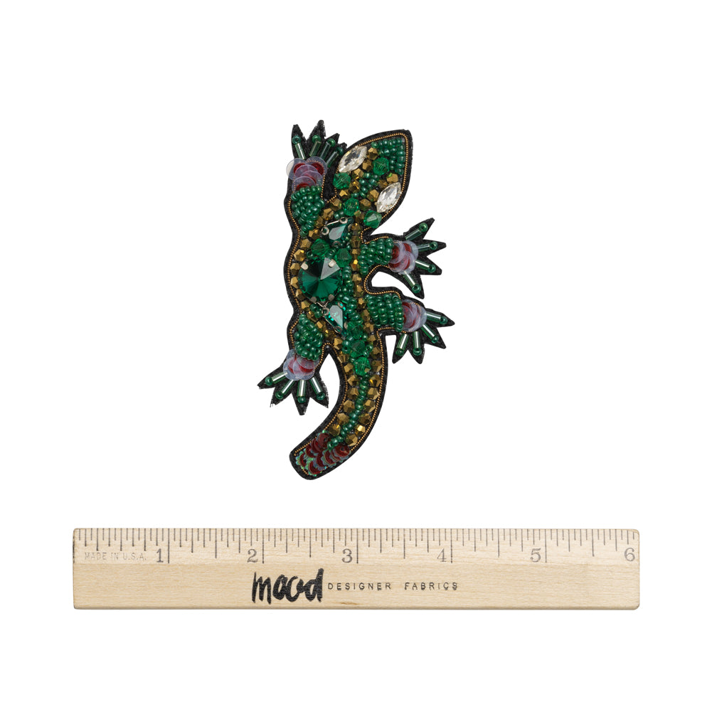 Rhinestones, Sequins and Glass Beaded Applique, 3.5" x 2.75" - Green and Gold Lizard - Alice Collection - Full Rhinestones, Sequins and Glass Beaded Applique, 3.5" x 2.75" - Green and Gold Lizard - Alice Collection - Full