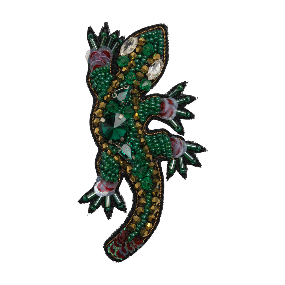 Rhinestones, Sequins and Glass Beaded Applique, 3.5" x 2.75" - Green and Gold Lizard - Alice Collection Rhinestones, Sequins and Glass Beaded Applique, 3.5" x 2.75" - Green and Gold Lizard - Alice Collection