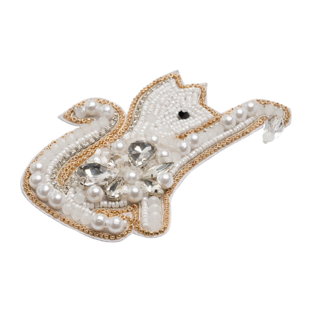 Rhinestones and Glass Beaded Applique, 3.875" x 3" - White, Crystal and Gold Playing Cat - Alice Collection - Folded Rhinestones and Glass Beaded Applique, 3.875" x 3" - White, Crystal and Gold Playing Cat - Alice Collection - Folded