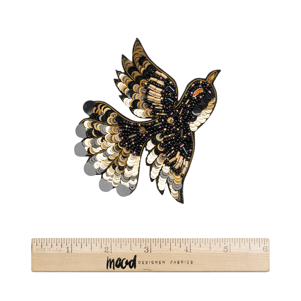 Sequins and Glass Beaded Applique, 4" x 3.25" - Black, Gold and Oilslick Flying Bird - Alice Collection - Full Sequins and Glass Beaded Applique, 4" x 3.25" - Black, Gold and Oilslick Flying Bird - Alice Collection - Full