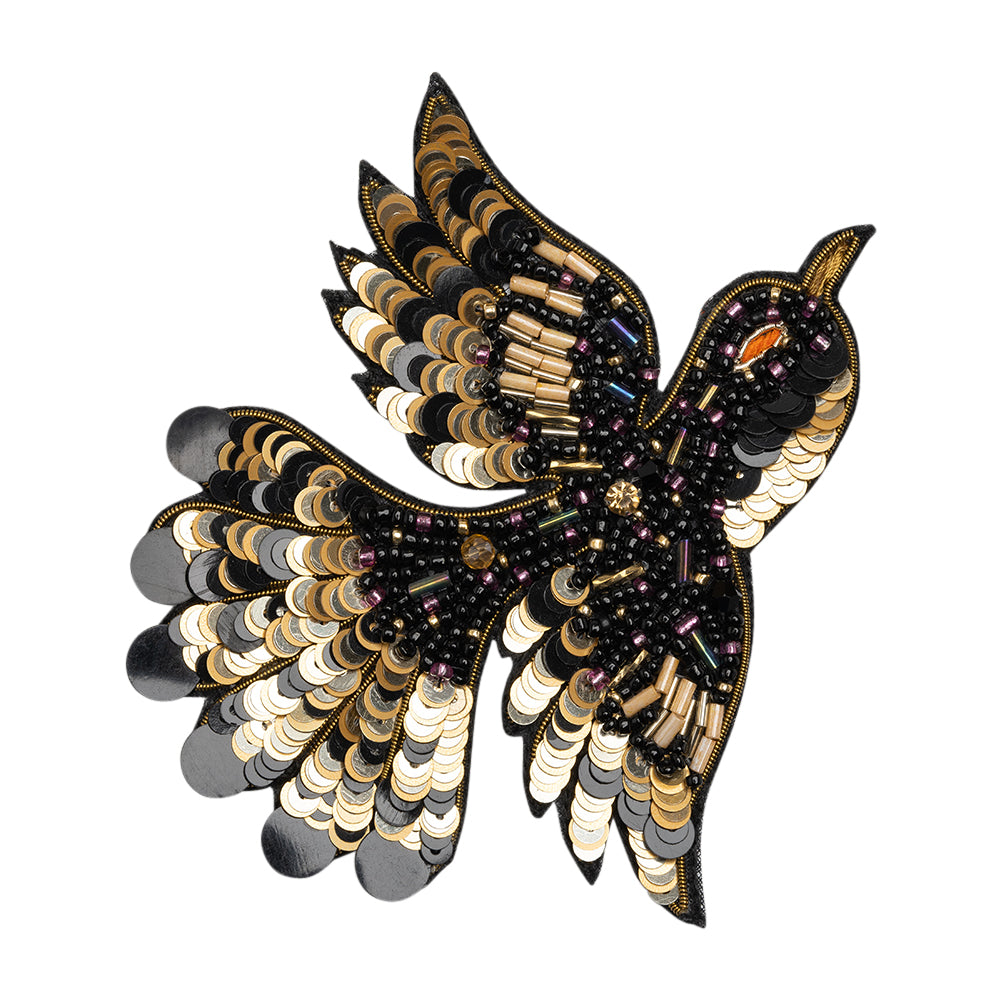 Sequins and Glass Beaded Applique, 4" x 3.25" - Black, Gold and Oilslick Flying Bird - Alice Collection Sequins and Glass Beaded Applique, 4" x 3.25" - Black, Gold and Oilslick Flying Bird - Alice Collection