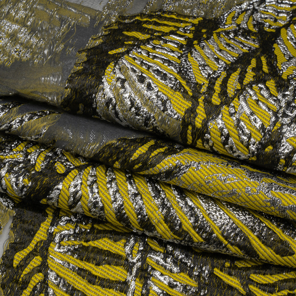 Yellow, Black and Metallic Silver Palm Leaves Luxury Burnout Brocade Yellow, Black and Metallic Silver Palm Leaves Luxury Burnout Brocade