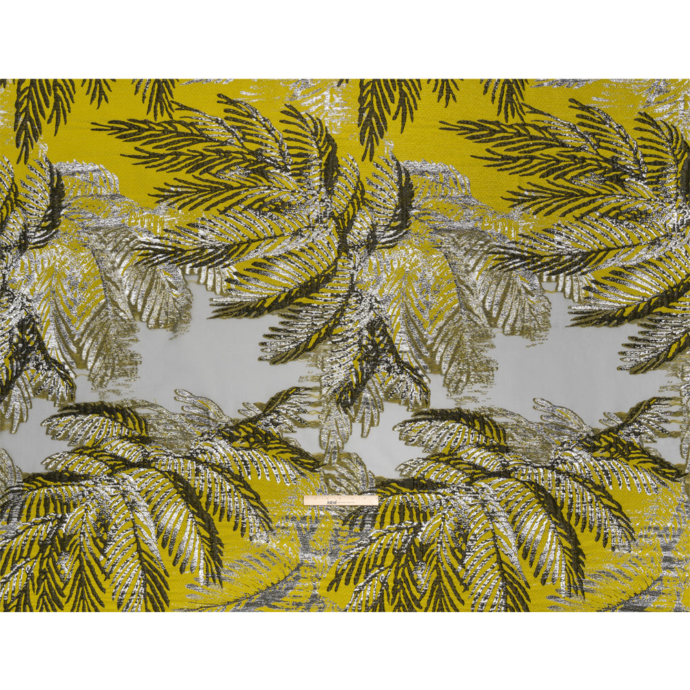 Yellow, Black and Metallic Silver Palm Leaves Luxury Burnout Brocade Yellow, Black and Metallic Silver Palm Leaves Luxury Burnout Brocade