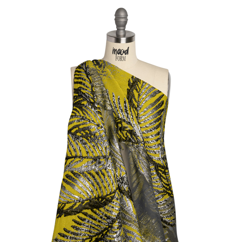 Yellow, Black and Metallic Silver Palm Leaves Luxury Burnout Brocade Yellow, Black and Metallic Silver Palm Leaves Luxury Burnout Brocade