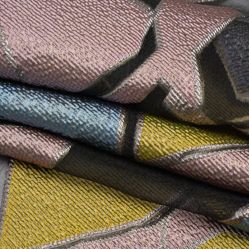 Pink, Blue and Yellow Metallic Abstractly Geometric Luxury Burnout Brocade - Folded Pink, Blue and Yellow Metallic Abstractly Geometric Luxury Burnout Brocade - Folded