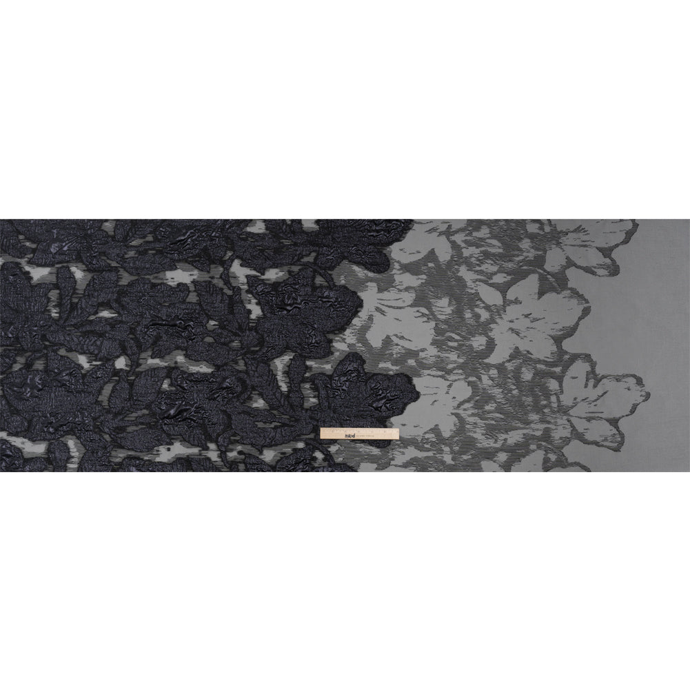 Metallic Gunmetal and Black Floral Silhouettes Border Luxury Burnout Brocade Metallic Gunmetal and Black Floral Silhouettes Border Luxury Burnout Brocade