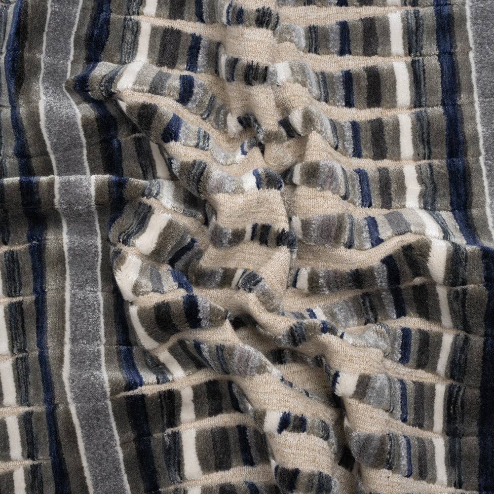 Blue Steel Stripes and Plush Velvet Undulating Lines Upholstery Woven Blue Steel Stripes and Plush Velvet Undulating Lines Upholstery Woven
