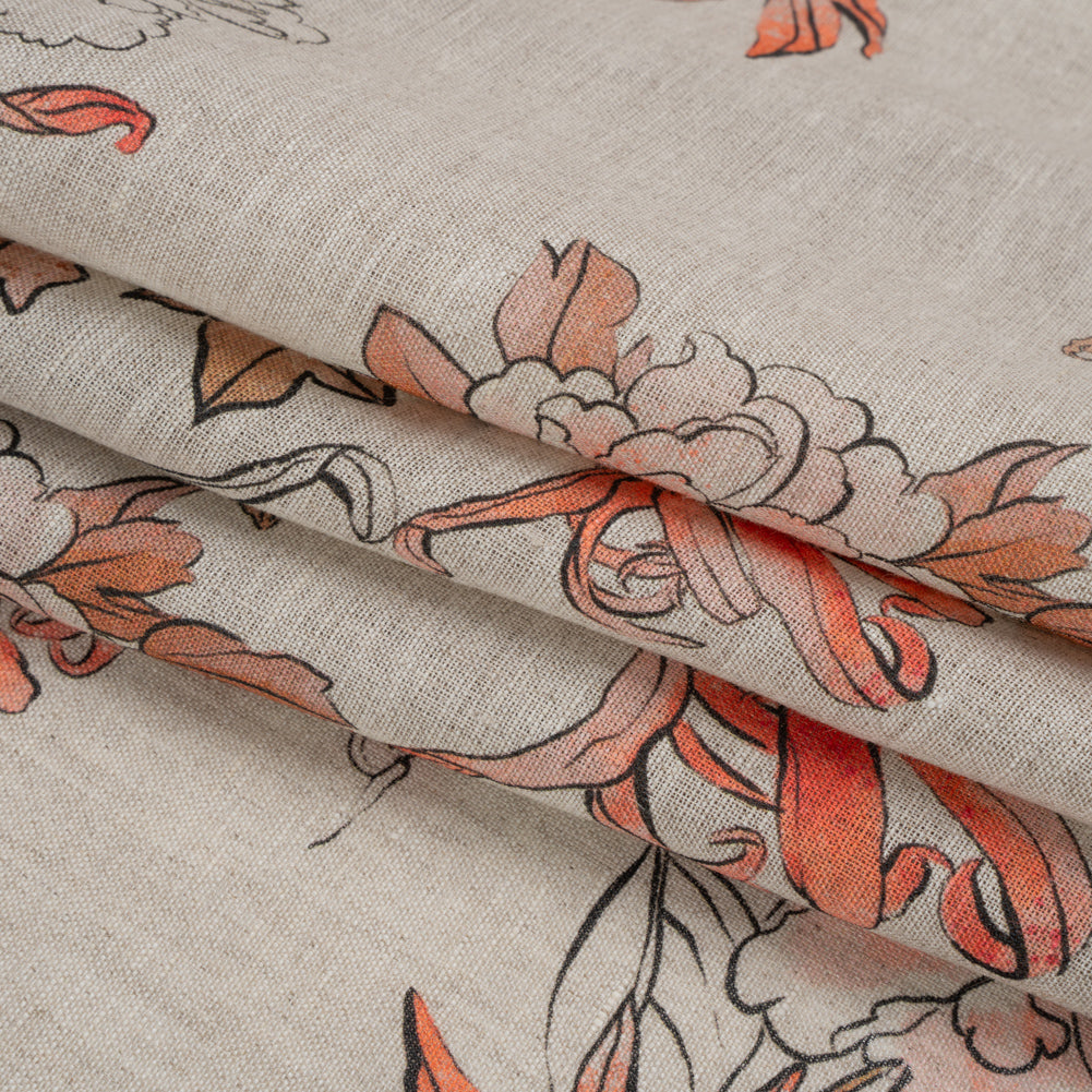 Oatmeal and Coral Fading Bouquet Medium Weight Linen Woven Oatmeal and Coral Fading Bouquet Medium Weight Linen Woven