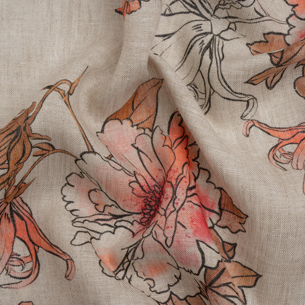 Oatmeal and Coral Fading Bouquet Medium Weight Linen Woven Oatmeal and Coral Fading Bouquet Medium Weight Linen Woven
