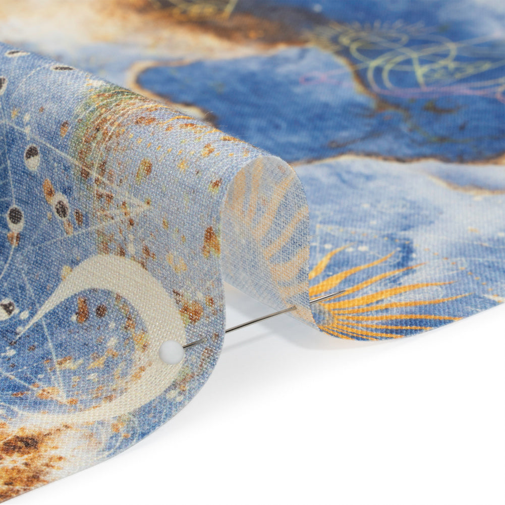 Blue and Gold Suns and Stars Medium Weight Linen Woven - Detail Blue and Gold Suns and Stars Medium Weight Linen Woven - Detail