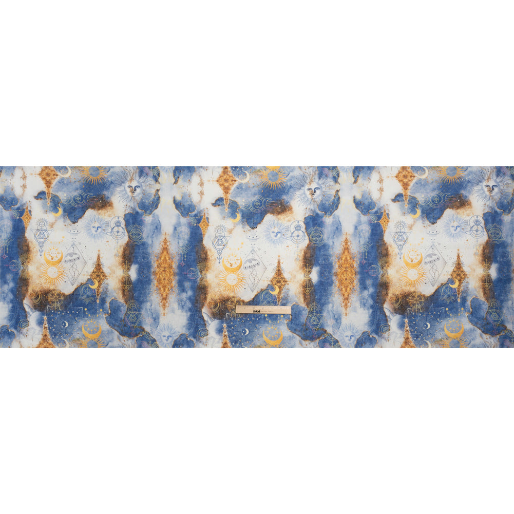 Blue and Gold Suns and Stars Medium Weight Linen Woven - Full Blue and Gold Suns and Stars Medium Weight Linen Woven - Full