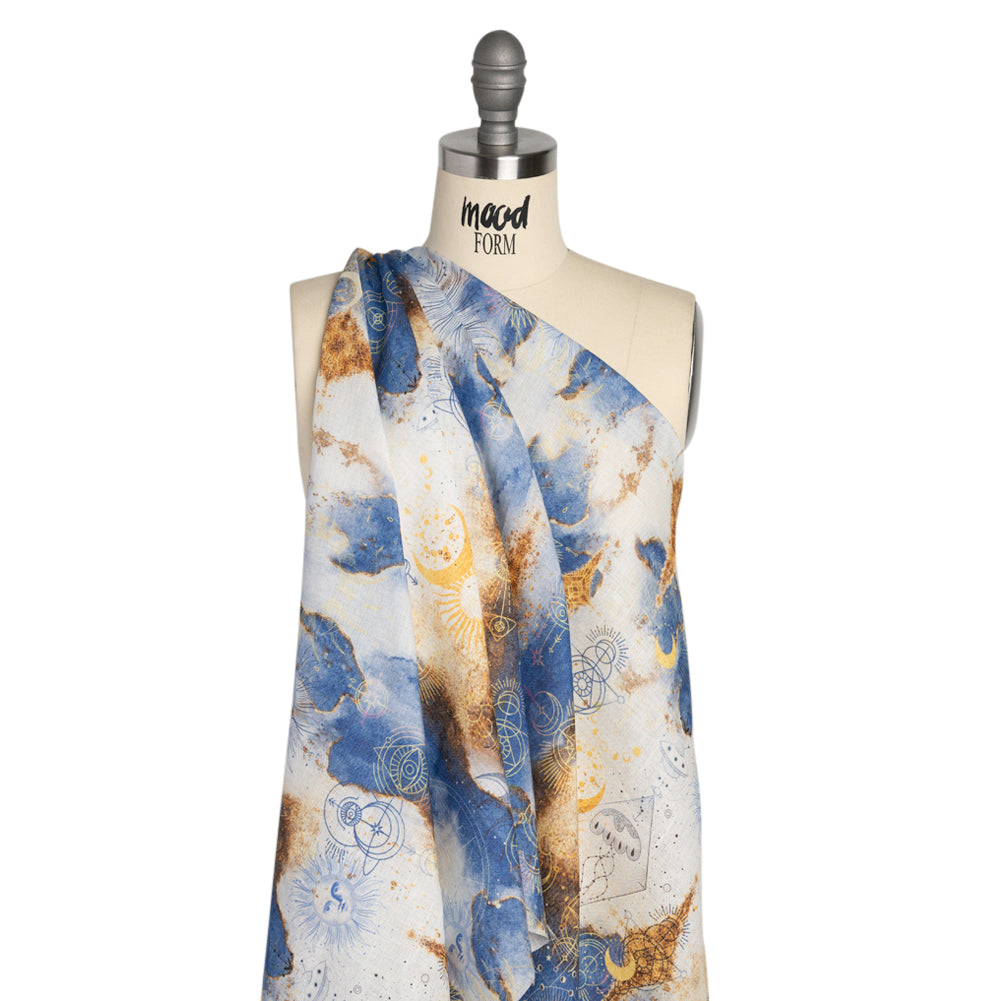Blue and Gold Suns and Stars Medium Weight Linen Woven - Drape Blue and Gold Suns and Stars Medium Weight Linen Woven - Drape