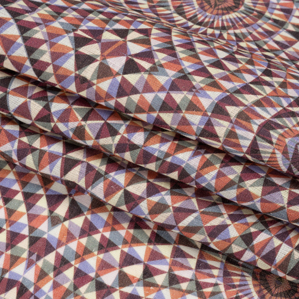 Plum, Forest and Orange Mind Bending Medallions Medium Weight Linen Woven - Folded Plum, Forest and Orange Mind Bending Medallions Medium Weight Linen Woven - Folded