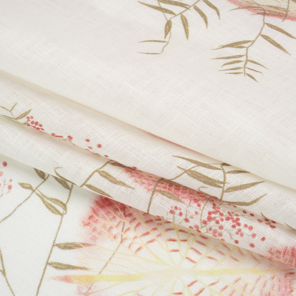 Muted Red, Yellow and Olive Sunny Puffballs Medium Weight Linen Woven - Folded Muted Red, Yellow and Olive Sunny Puffballs Medium Weight Linen Woven - Folded