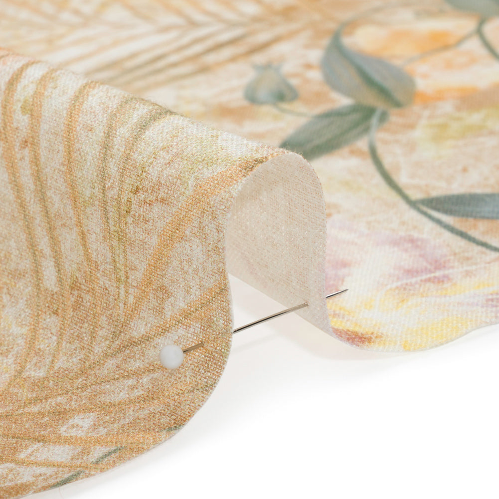 Tan, Rose, and Violet Lilies and Magnolias Medium Weight Linen Woven - Detail Tan, Rose, and Violet Lilies and Magnolias Medium Weight Linen Woven - Detail