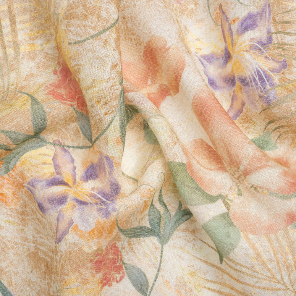 Tan, Rose, and Violet Lilies and Magnolias Medium Weight Linen Woven Tan, Rose, and Violet Lilies and Magnolias Medium Weight Linen Woven