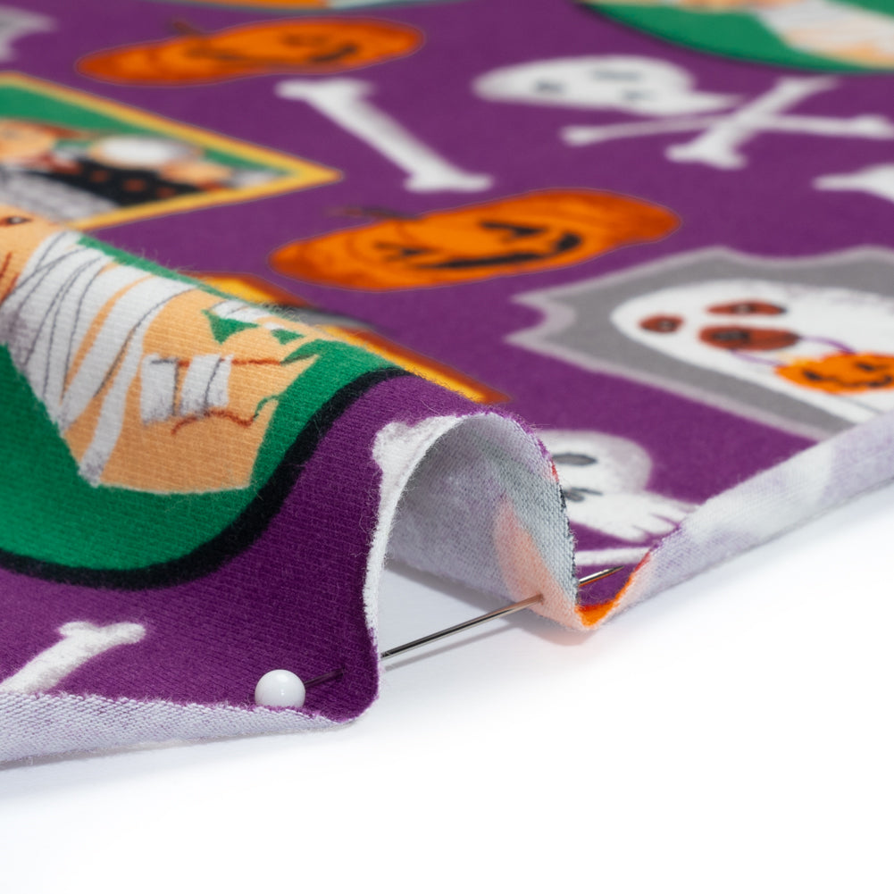 Stretch Organic Cotton Jersey - Purple, Orange and Green Halloween Pet Portraits - Deadstock Stretch Organic Cotton Jersey - Purple, Orange and Green Halloween Pet Portraits - Deadstock