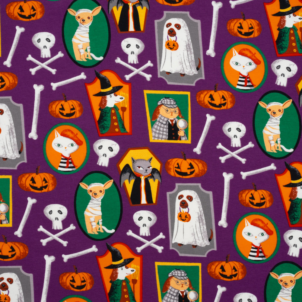 Stretch Organic Cotton Jersey - Purple, Orange and Green Halloween Pet Portraits - Deadstock Stretch Organic Cotton Jersey - Purple, Orange and Green Halloween Pet Portraits - Deadstock