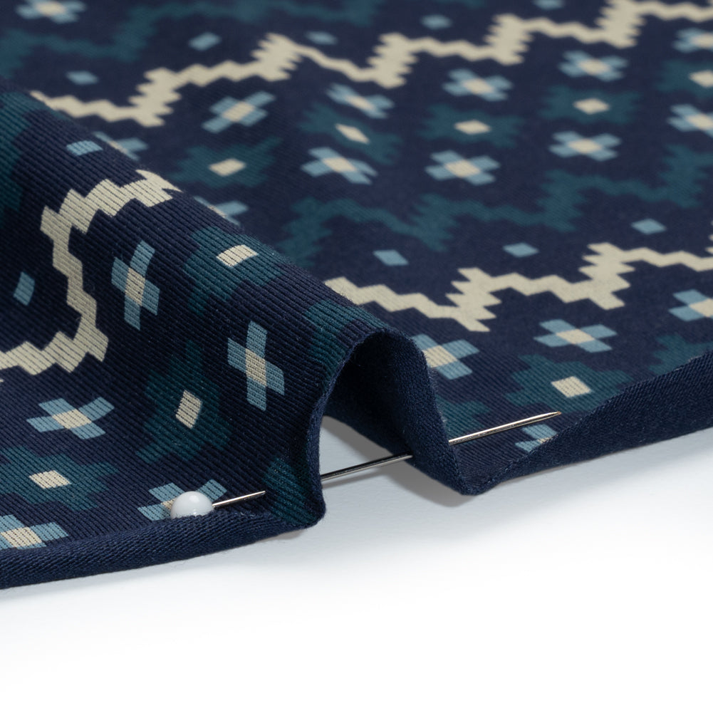 Stretch Modal and Cotton Jersey - Navy, Beige and Dark Teal Geometric Stripes - Deadstock Stretch Modal and Cotton Jersey - Navy, Beige and Dark Teal Geometric Stripes - Deadstock