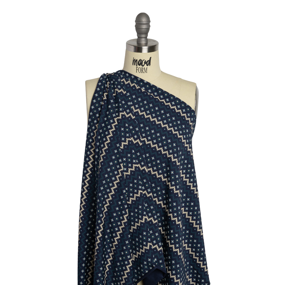 Stretch Modal and Cotton Jersey - Navy, Beige and Dark Teal Geometric Stripes - Deadstock Stretch Modal and Cotton Jersey - Navy, Beige and Dark Teal Geometric Stripes - Deadstock