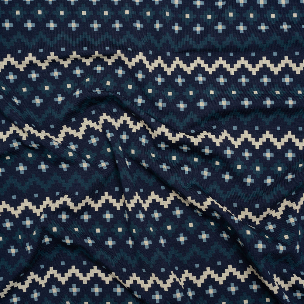 Stretch Modal and Cotton Jersey - Navy, Beige and Dark Teal Geometric Stripes - Deadstock Stretch Modal and Cotton Jersey - Navy, Beige and Dark Teal Geometric Stripes - Deadstock