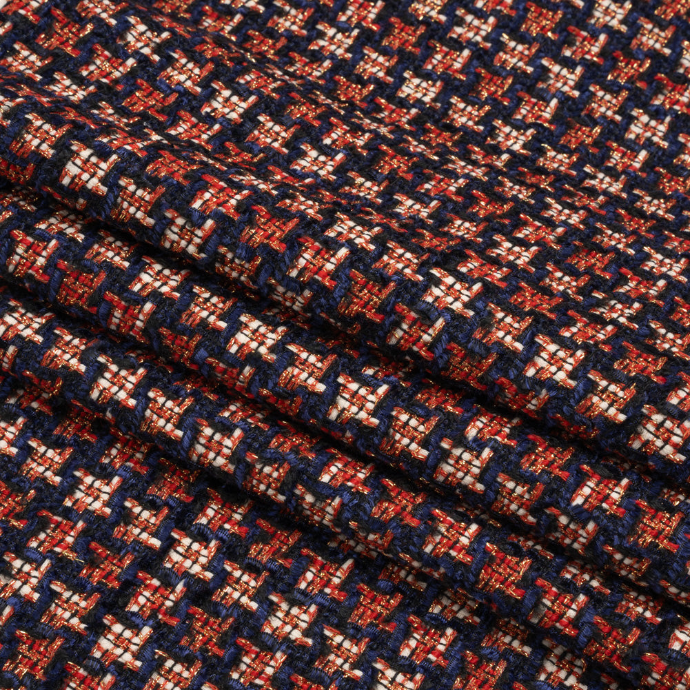 Navy, Red and Metallic Gold Houndstooth Chenille Fringe Tweedy Acrylic Woven Folded Navy, Red and Metallic Gold Houndstooth Chenille Fringe Tweedy Acrylic Woven Folded