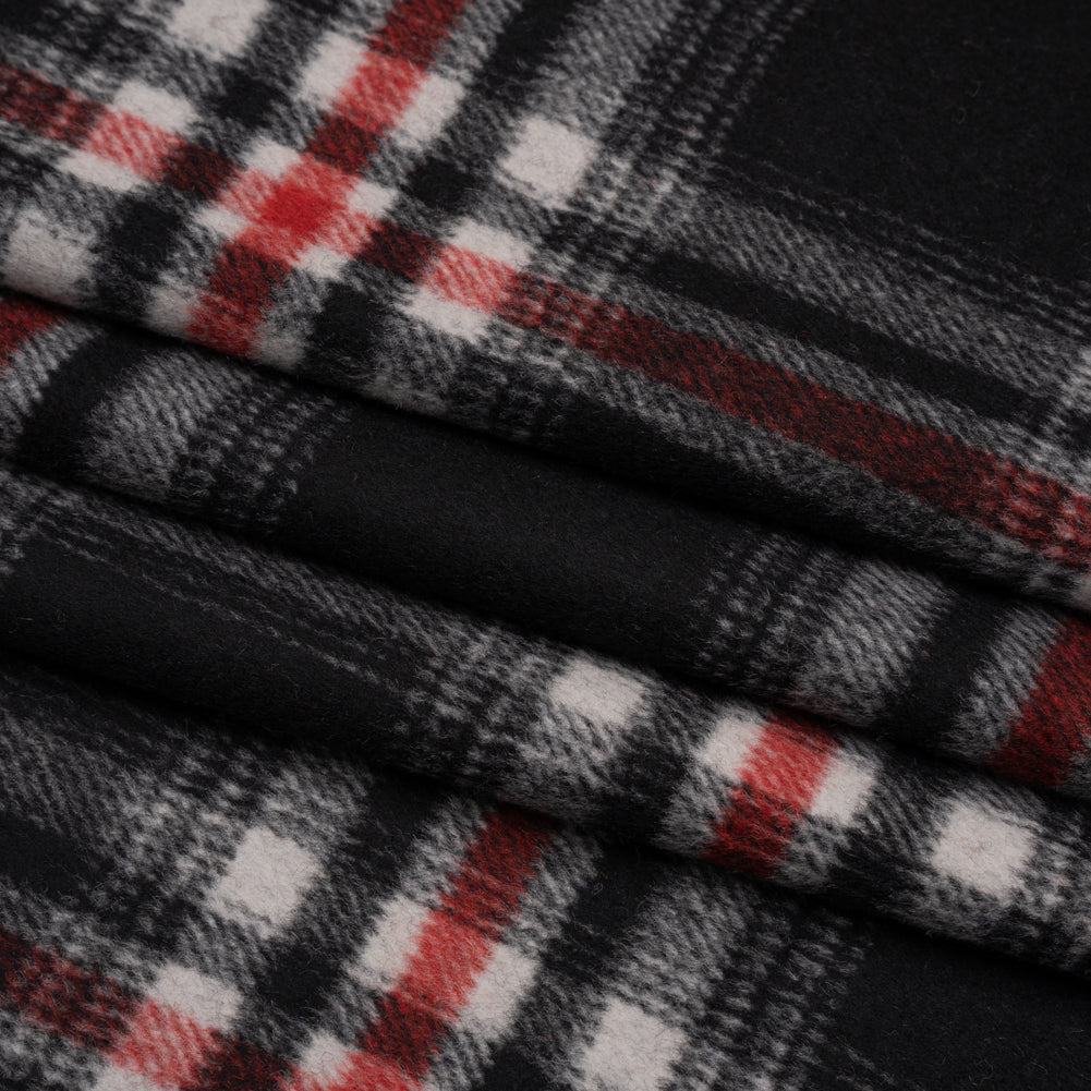 Black, Red and Cream Plaid Brushed Wool Blend Twill Coating Folded Black, Red and Cream Plaid Brushed Wool Blend Twill Coating Folded