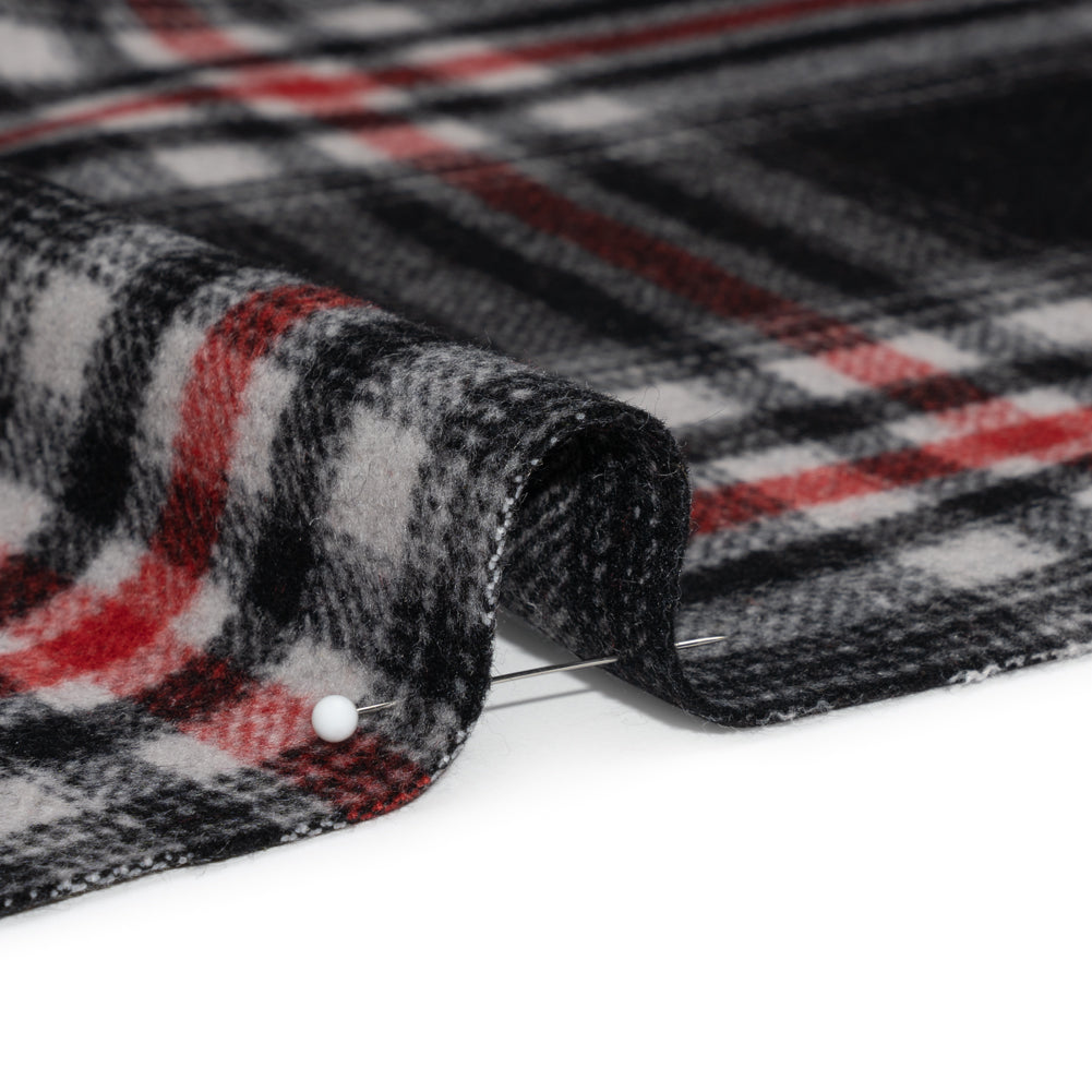 Black, Red and Cream Plaid Brushed Wool Blend Twill Coating Detail Black, Red and Cream Plaid Brushed Wool Blend Twill Coating Detail