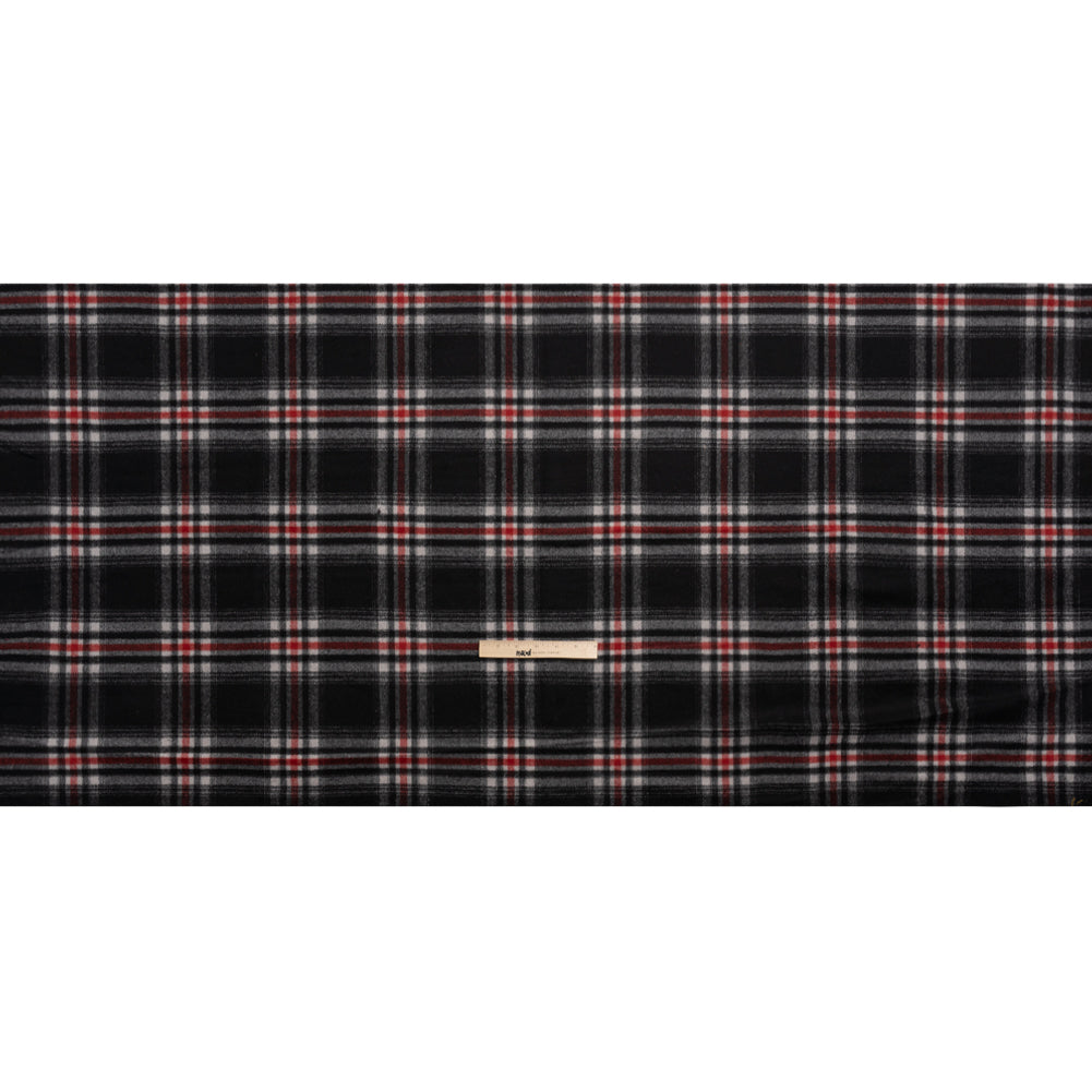 Black, Red and Cream Plaid Brushed Wool Blend Twill Coating Full Black, Red and Cream Plaid Brushed Wool Blend Twill Coating Full