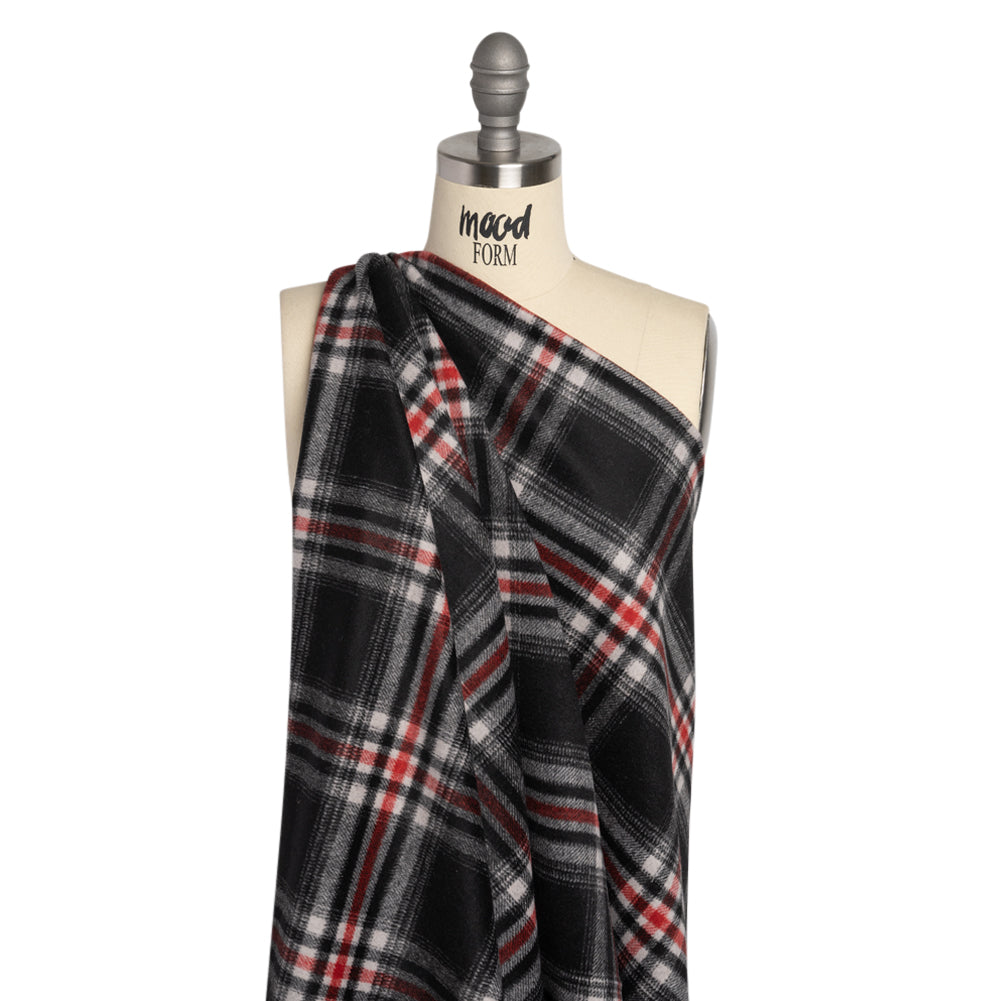 Black, Red and Cream Plaid Brushed Wool Blend Twill Coating Drape Black, Red and Cream Plaid Brushed Wool Blend Twill Coating Drape