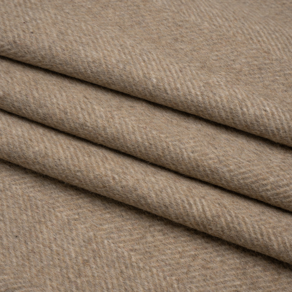 Dark Beige and Cream Herringbone Brushed Wool Blend Twill Coating Full Dark Beige and Cream Herringbone Brushed Wool Blend Twill Coating Full