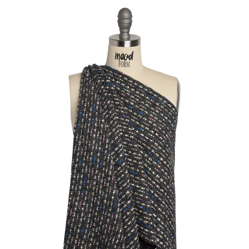 Charcoal, Pink and Blue Boucle Striped Acrylic Tweed Drape Charcoal, Pink and Blue Boucle Striped Acrylic Tweed Drape