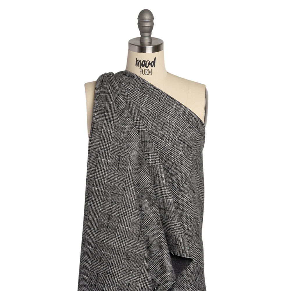 Black, White and Gray Glen Plaid Wool Blend Double Cloth Coating with Metallic Accents Drape Black, White and Gray Glen Plaid Wool Blend Double Cloth Coating with Metallic Accents Drape