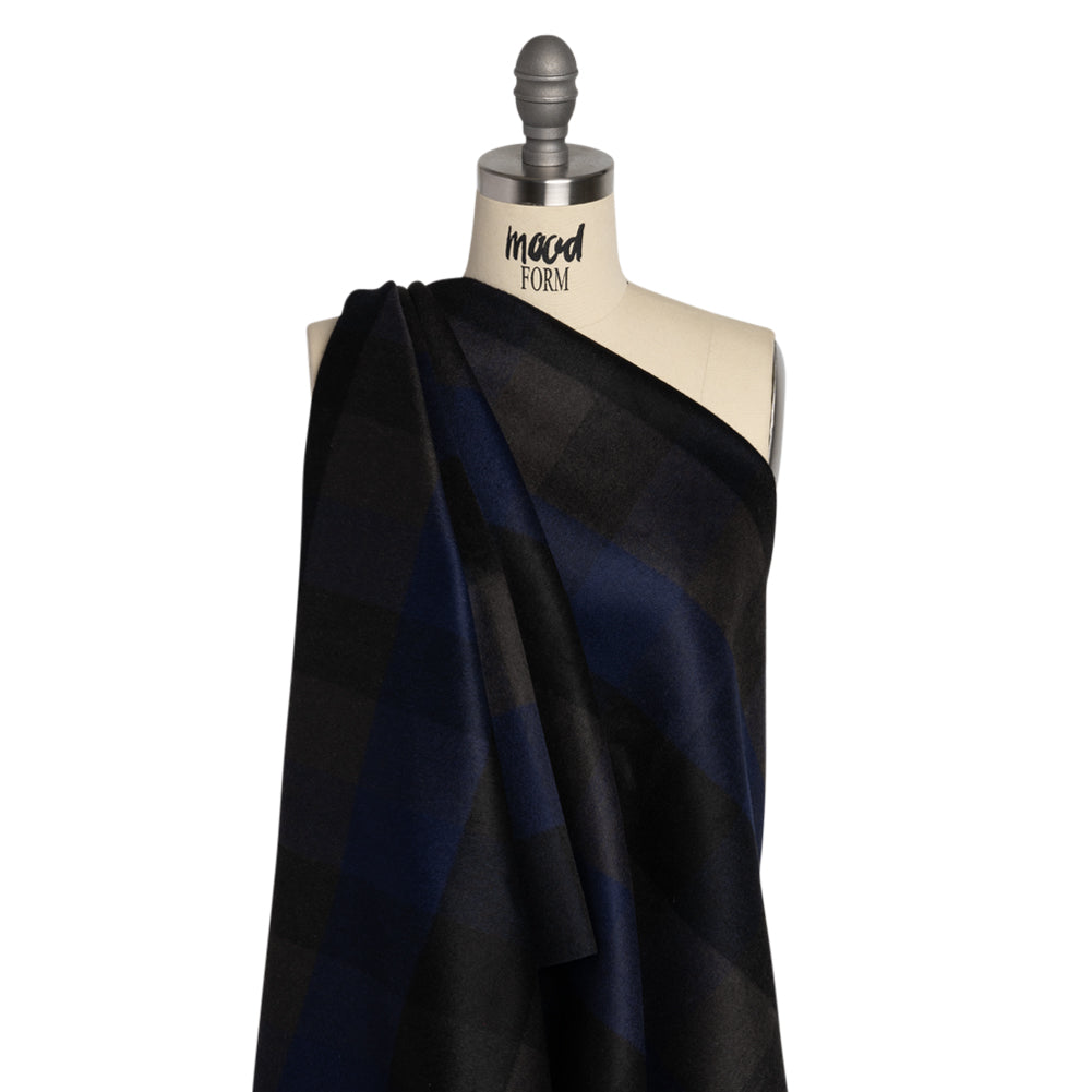 Black, Navy and Charcoal Checked Brushed Wool Blend Twill Coating Drape Black, Navy and Charcoal Checked Brushed Wool Blend Twill Coating Drape