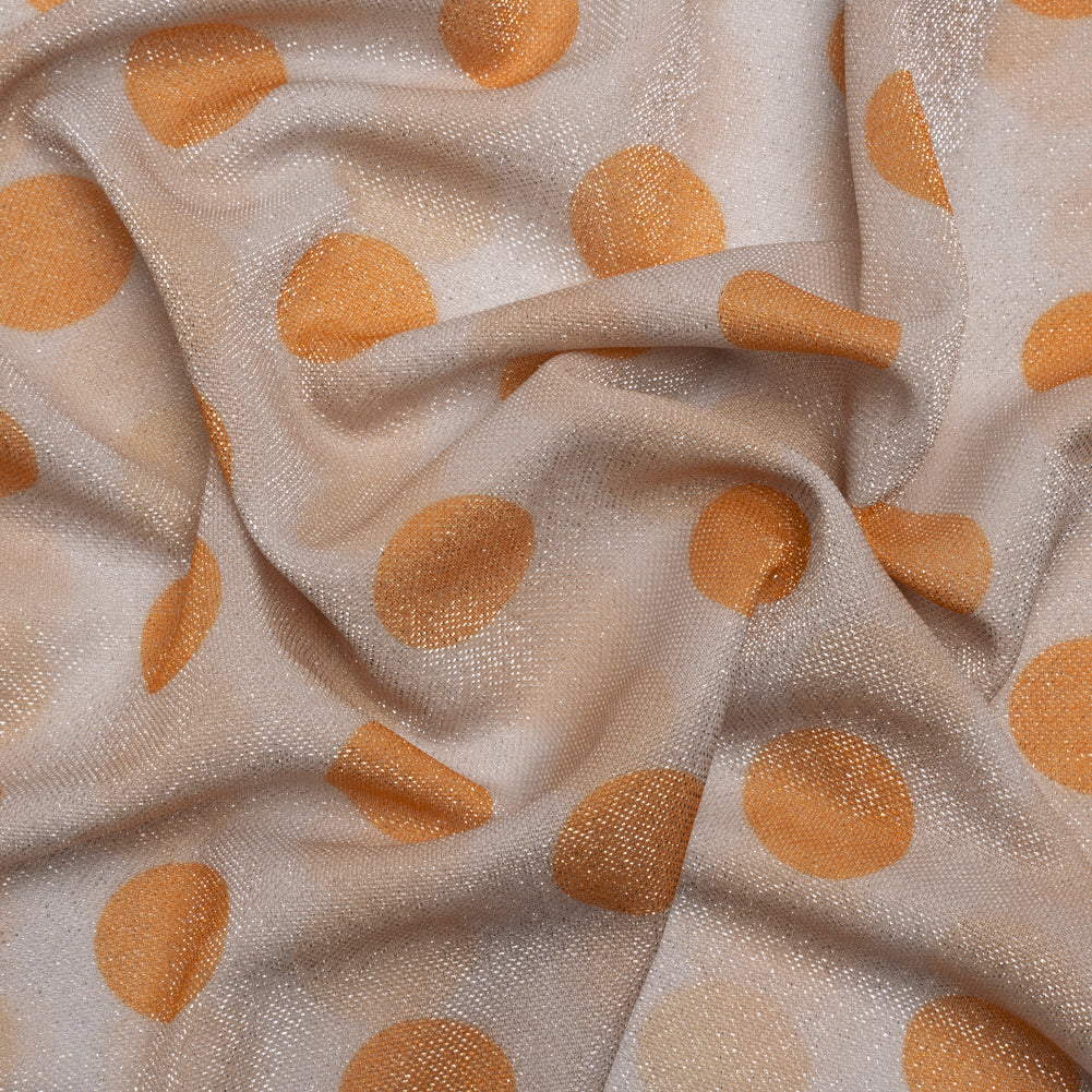 Metallic Silver, Light Mauve and Orange Polka Dots Lightweight Polyester Tricot Metallic Silver, Light Mauve and Orange Polka Dots Lightweight Polyester Tricot