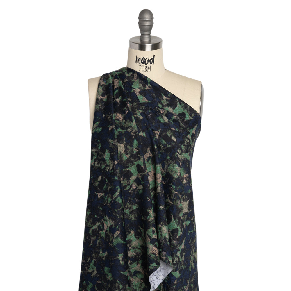 Navy, Green and Taupe Leaf Impressions Polyester Interlock Knit Drape Navy, Green and Taupe Leaf Impressions Polyester Interlock Knit Drape