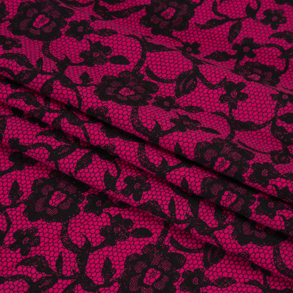 Hot Pink and Black Floral Lace Print Stretch Cotton Jersey Folded Hot Pink and Black Floral Lace Print Stretch Cotton Jersey Folded