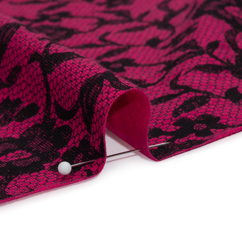 Hot Pink and Black Floral Lace Print Stretch Cotton Jersey Detail Hot Pink and Black Floral Lace Print Stretch Cotton Jersey Detail