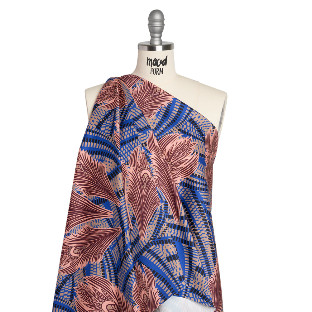 Stretch Cotton Sateen - Cobalt Blue and Burgundy Feathers Drape Stretch Cotton Sateen - Cobalt Blue and Burgundy Feathers Drape