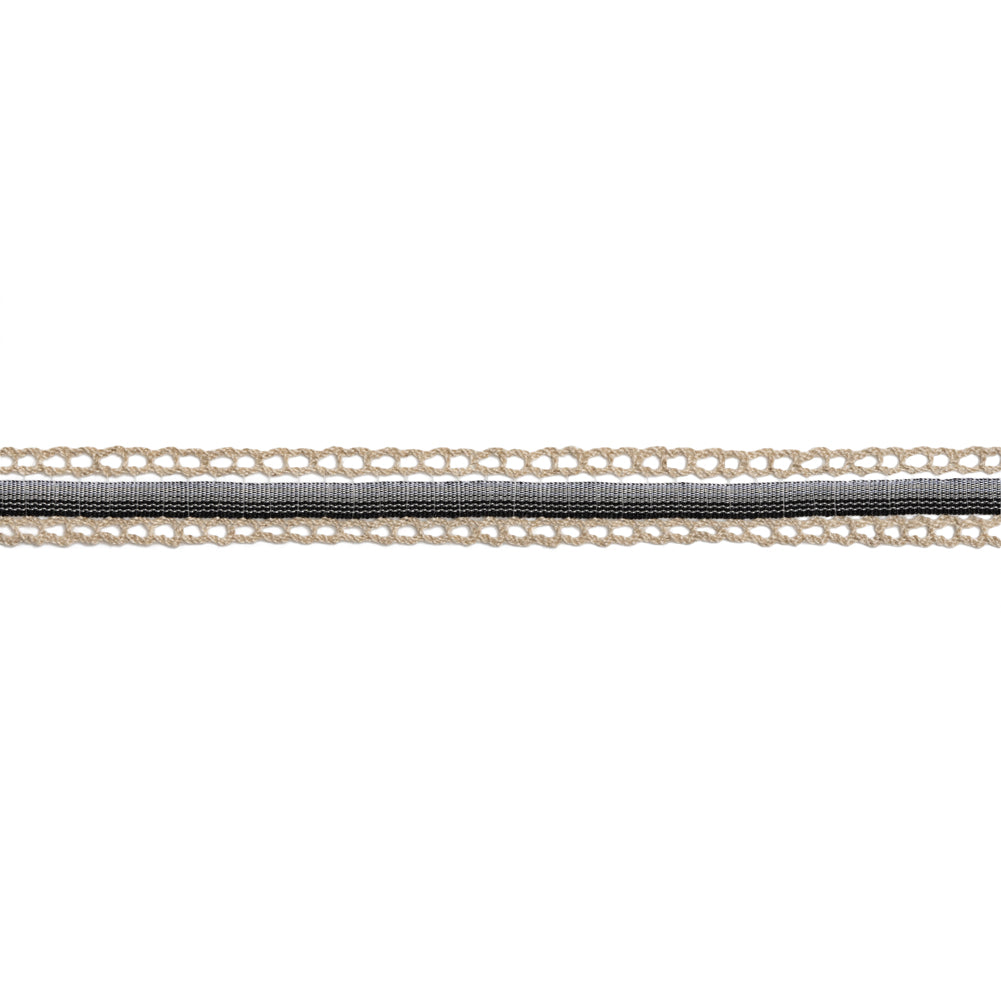 Woven Trim with Lace Borders - 0.5" - Gray and Black Gradient and Cream Chains - Folded Woven Trim with Lace Borders - 0.5" - Gray and Black Gradient and Cream Chains - Folded