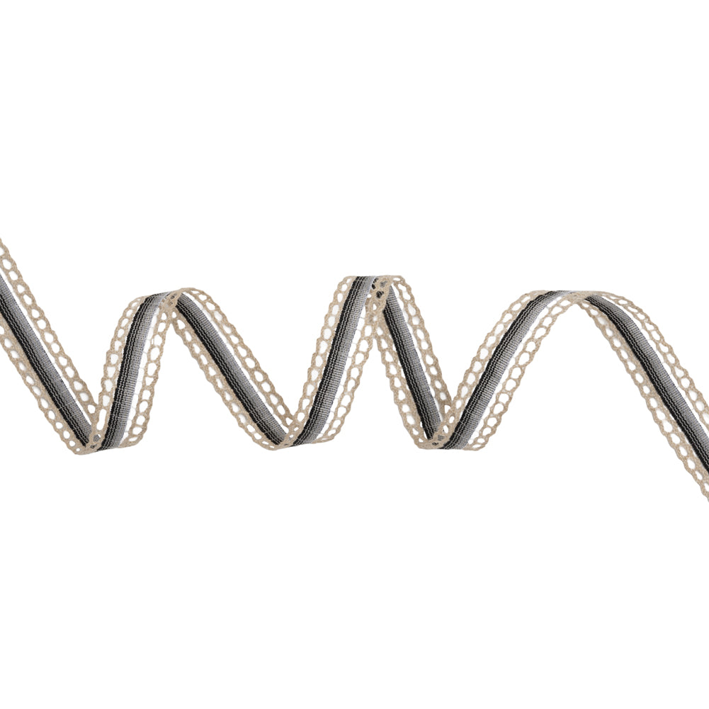 Woven Trim with Lace Borders - 0.5" - Gray and Black Gradient and Cream Chains Woven Trim with Lace Borders - 0.5" - Gray and Black Gradient and Cream Chains
