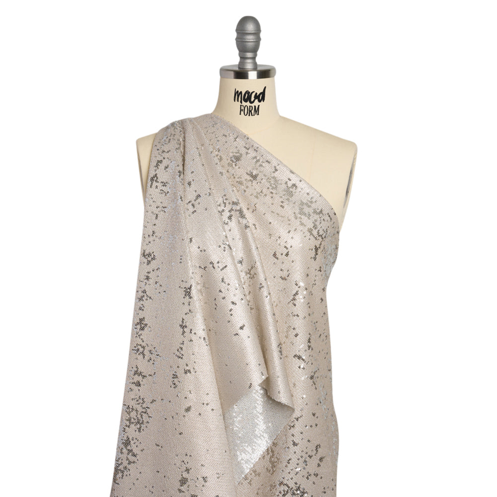 Two-Tone Flippable Baby Sequins on Mesh - Pale Beige and Silver - Deadstock Drape Two-Tone Flippable Baby Sequins on Mesh - Pale Beige and Silver - Deadstock Drape