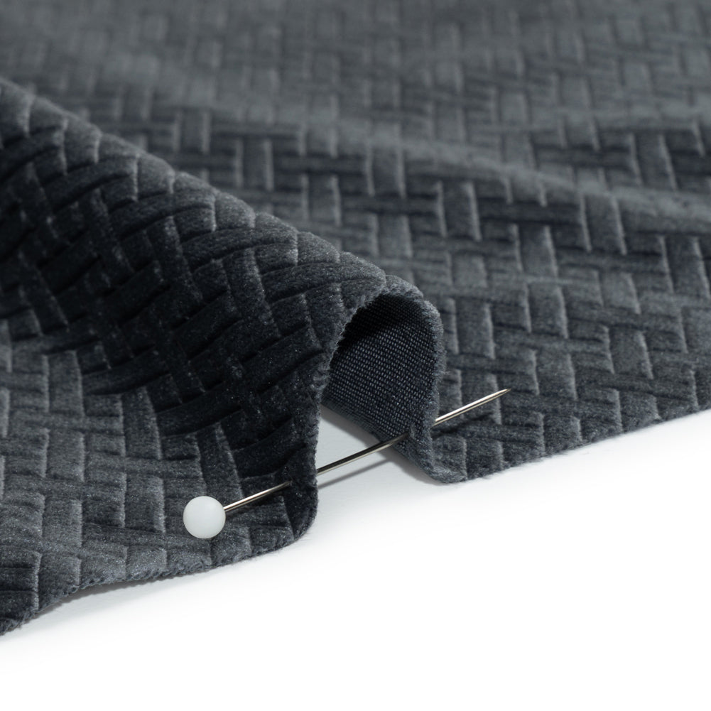 Embossed Polyester Velvet - Gray Woven Lattice - Deadstock Detail Embossed Polyester Velvet - Gray Woven Lattice - Deadstock Detail