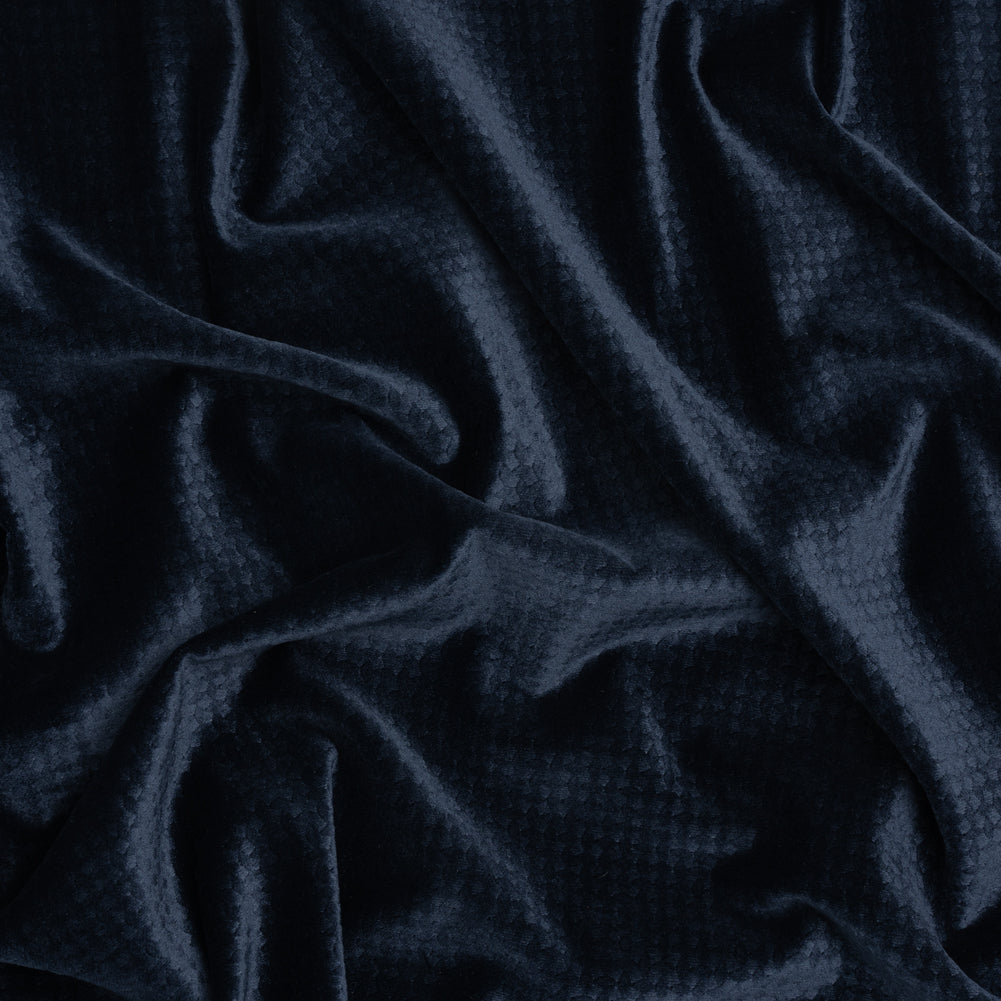 Embossed Polyester Velvet - Navy Little Squares - Deadstock Embossed Polyester Velvet - Navy Little Squares - Deadstock
