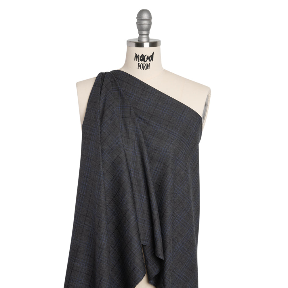 Wool and Silk Suiting - Gray and Blue Plaid - Deadstock Drape Wool and Silk Suiting - Gray and Blue Plaid - Deadstock Drape
