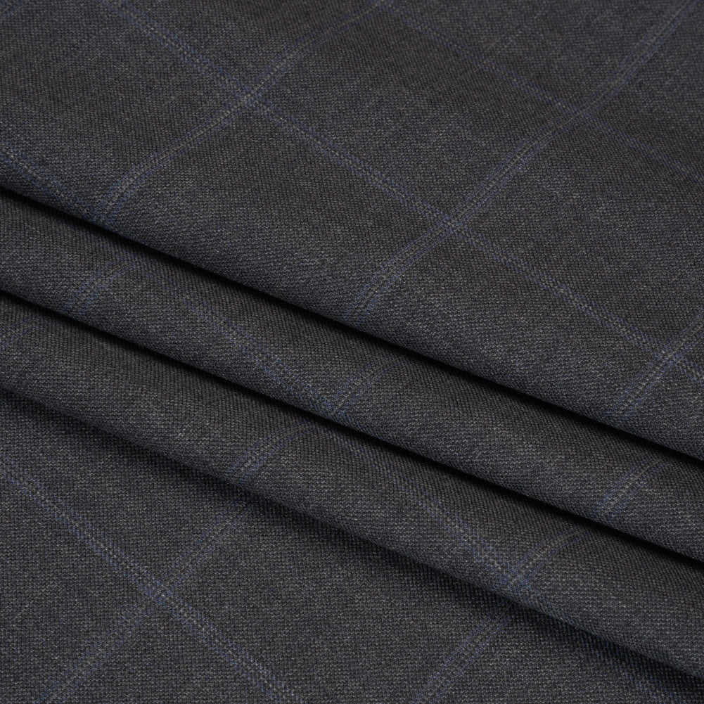 Wool Suiting - Gray and Blue Windowpane Check - Deadstock Folded Wool Suiting - Gray and Blue Windowpane Check - Deadstock Folded