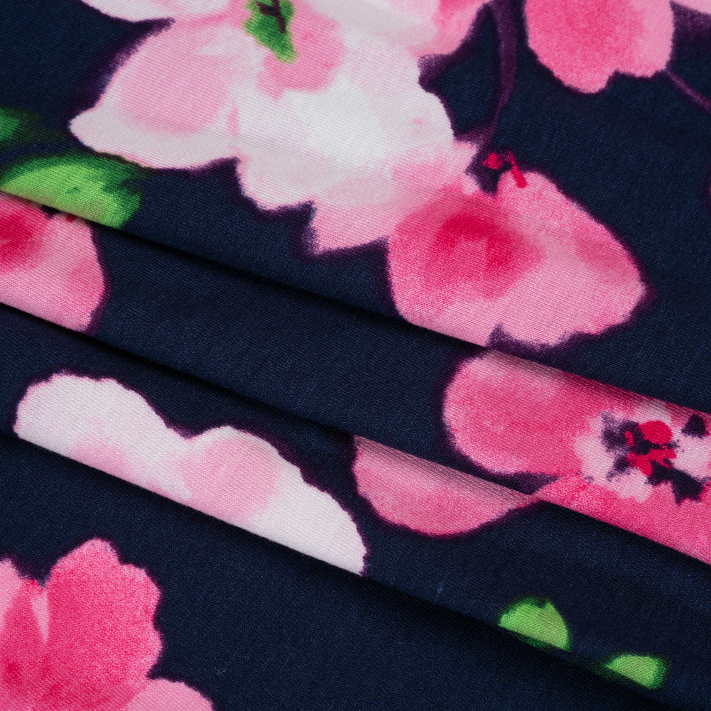 Stretch Rayon Jersey - Navy, Pink and Green Floral - Deadstock Stretch Rayon Jersey - Navy, Pink and Green Floral - Deadstock