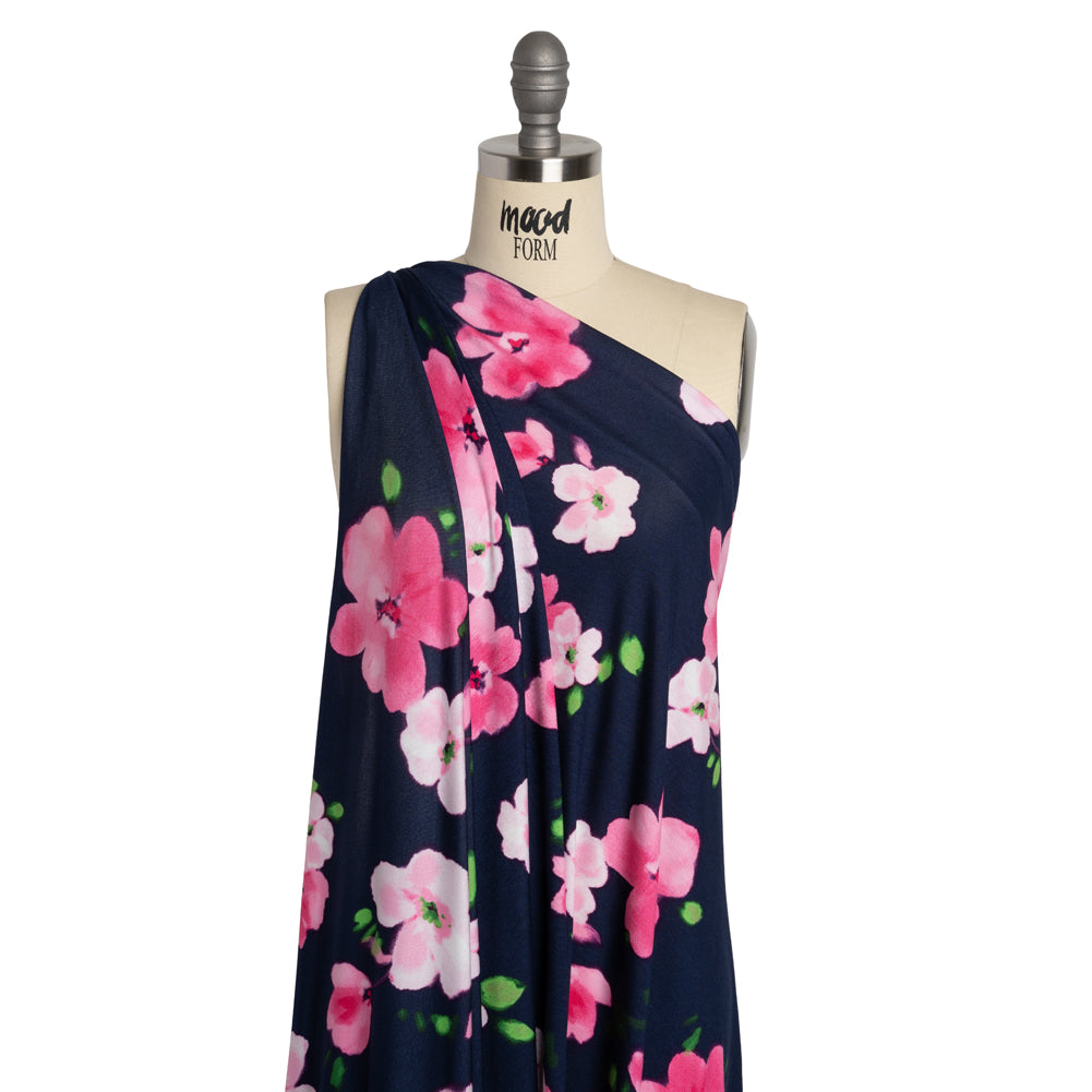 Stretch Rayon Jersey - Navy, Pink and Green Floral - Deadstock Stretch Rayon Jersey - Navy, Pink and Green Floral - Deadstock